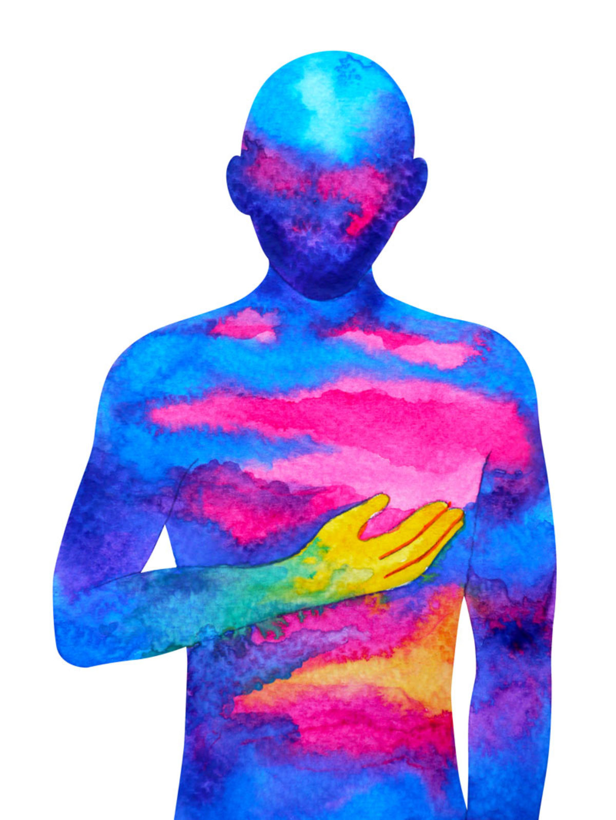 A Human Painted In Watercolor Holding A Hand Over Heart To Demonstrate The Link Between Stress In The Body And In The Mind